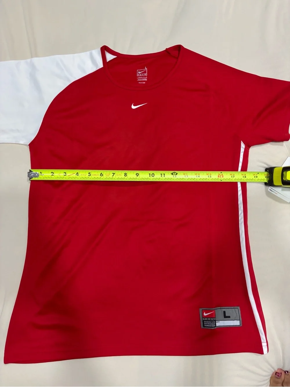 Nike women’s Red Athletic Crew Tee with White Sleeve Detail
